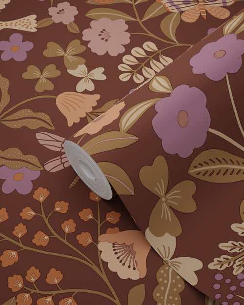 ESTAhome behang bloemen en vogels bruin, groen, terracotta en paars - 53 cm x 10.05 m - 131467