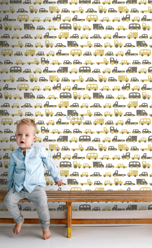 ESTAhome behang auto's okergeel en bruin - 53 cm x 10.05 m - 139044