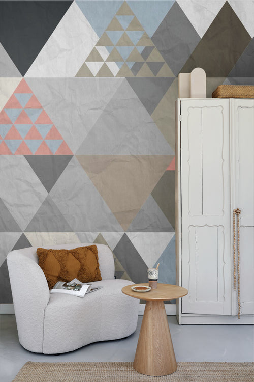 Sanders & Sanders fotobehang grafische driehoeken grijs, beige en bruin - 360 x 270 cm - 600506