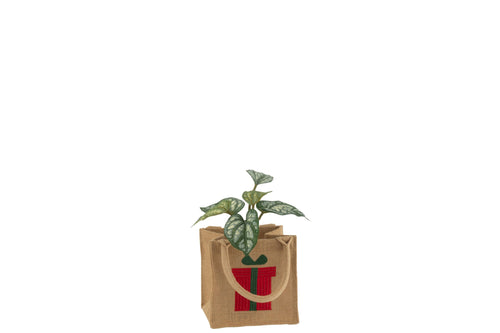 J-Line zak Borduurwerk Geschenk - jute - naturel/rood - 2 stuks