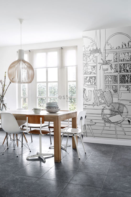 ESTAhome fotobehang woonkamertekening zwart wit - 186 x 279 cm - 158812 - vtwonen shop