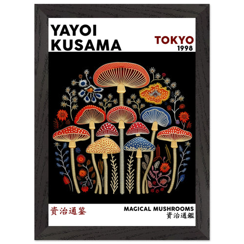 Artfulprints Poster met Lijst Yayoi Kusama - Magical mushrooms   - A4 21x29.7 cm - Meerkleurig