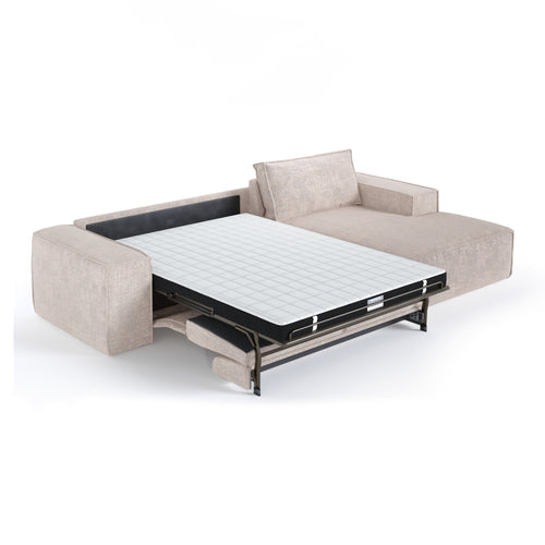 Premium Interiors - Rechthoekige hoekbank met snelle slaapfunctie JUNE - gewaafd fluweel crème 320cm