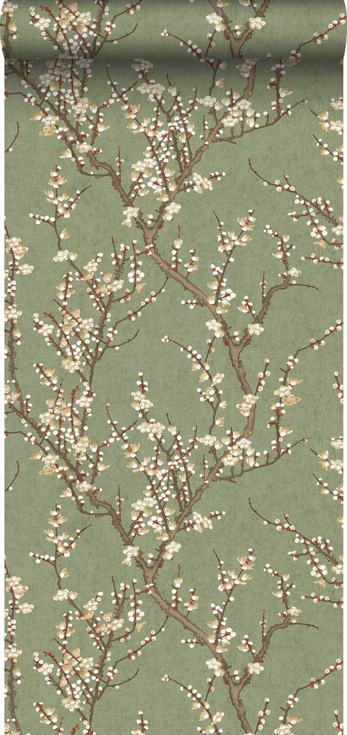 Sanders & Sanders behang bloesemtak vergrijsd olijfgroen en wit - 53 cm x 10 m - 640178 - vtwonen shop