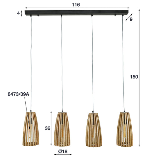 Giga Meubel Hanglamp Launch - Naturel Hout - 20x135x150cm