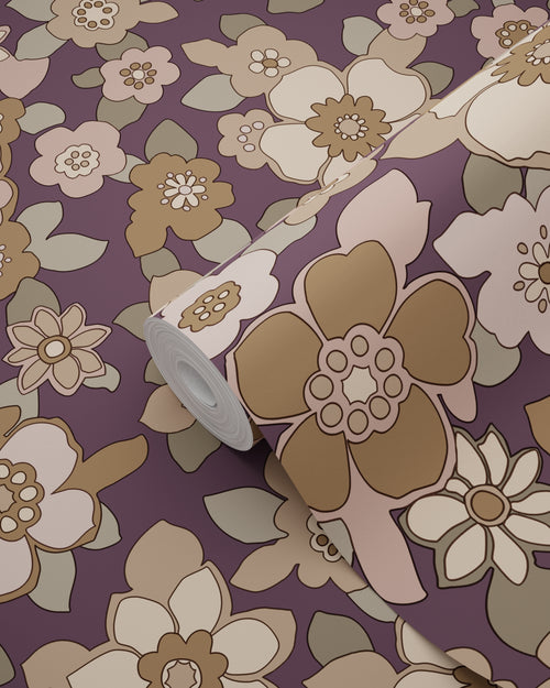 ESTAhome behang retro bloemen donker paars en beige - 50 x 900 cm - 131529 - vtwonen shop