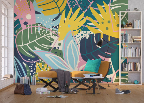 Sanders & Sanders fotobehang bladeren blauw, groen en geel - 375 x 270 cm - 600991 - vtwonen shop