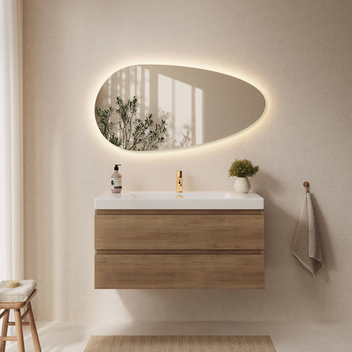 LOMAZOO badkamerspiegel Adana - organisch - met LED verlichting & spiegelverwarming - asymmetrisch - 100 x 50.8 cm