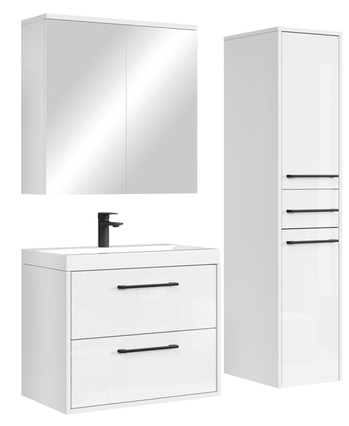 Badplaats Badkamermeubel Set Florence 60 cm – Hoogglans Wit – Hangend Badmeubel met Wastafel, Spiegelkast en Zijkast