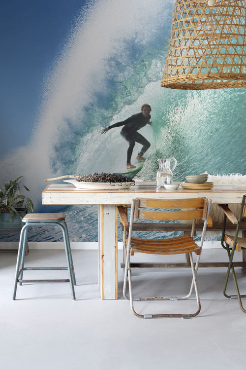 ESTAhome fotobehang surfer blauw en zeegroen - 325 x 279 cm - 158852 - vtwonen shop