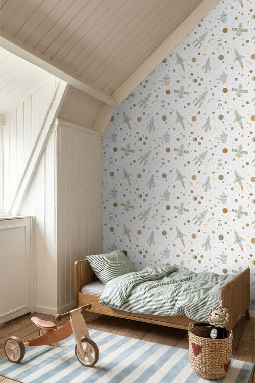 ESTAhome behang planeten in de ruimte wit, groen en bruin - 50 x 900 cm - 132069
