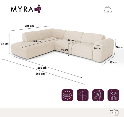 Sia Home - Grote hoekbank, links MYRA - fluweel met motieven beige 269cm
