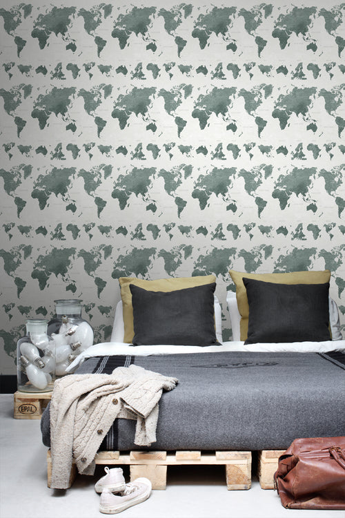 ESTAhome behang vintage wereldkaarten vergrijsd groen - 53 cm x 10.05 m - 138971