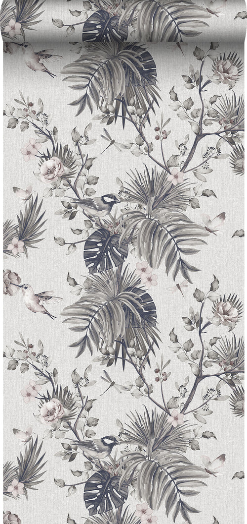 Sanders & Sanders behang tropische jungle bladeren en paradijsvogels grijs - 53 cm x 10 m - 640004