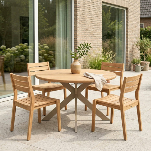 DÉJA Tuintafel Modena - Rond Ø135cm, 75cm Hoog, Naturel Acaciahout & Taupe Metaal - Duurzaam Design voor 2-4 Personen, Weerbestendig voor Buiten