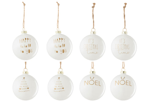 J-Line kerstbal 2+2+2+2 Tekst Kerstmis - glas - wit/goud - doos van 8