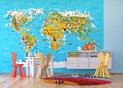 Sanders & Sanders fotobehang wereldkaart voor kinderen blauw, geel en wit - 360 x 254 cm - 600365