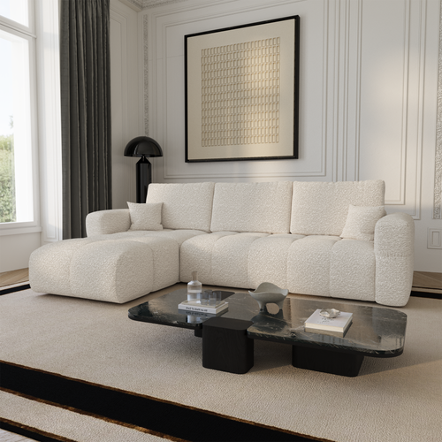 Premium Interiors - Linkshoekbank met slaapfunctie en opbergruimte VIBE - bouclé-stof crème 286cm