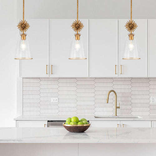 Schlanke Pendelleuchte, modernes Antik-Gold, 1 x E27, klarer Schirm