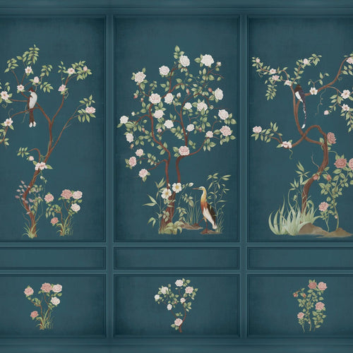Sanders & Sanders fotobehang bloemen en vogels petrolblauw - 318 x 280 cm - 640808