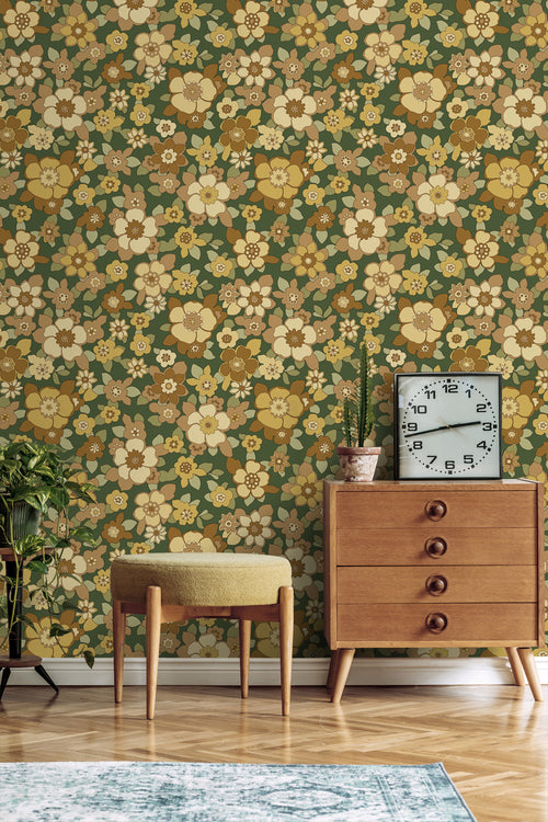 ESTAhome behang retro bloemen donkergroen en geel - 50 x 900 cm - 131528 - vtwonen shop
