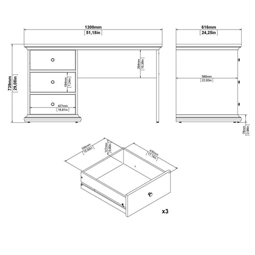 CALICOSY - Bureau met 3 lades SOFIA - Wit - 73,9x130x61,6 cm