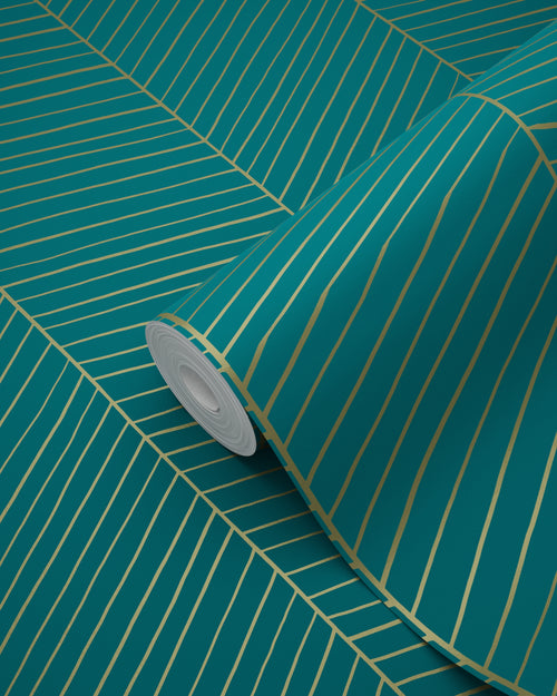 ESTAhome behang visgraat-motief smaragd groen en goud - 53 cm x 10.05 m - 139200