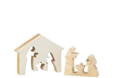 J-Line decoratie Kerststal Huis - hout - wit/naturel - medium