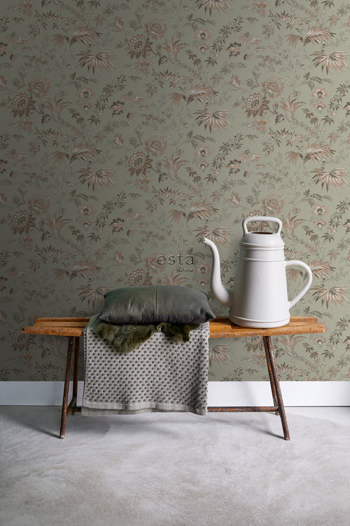 ESTAhome behang vintage bloemen vergrijsd mintgroen en zacht roze - 53 cm x 10.05 m - 139297