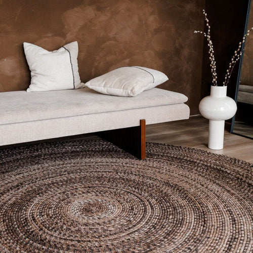 Interieur05  vloerkleed Gapo -Donkerbruin -gemeleerd- rond -wollen- 180 x 180 cm