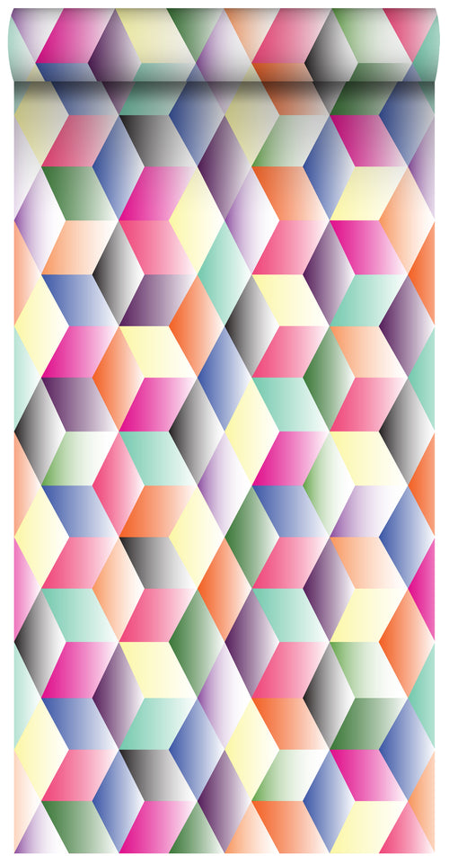 ESTAhome XXL behang 3D kubussen roze, geel, groen en blauw - 50 x 900 cm - 158913