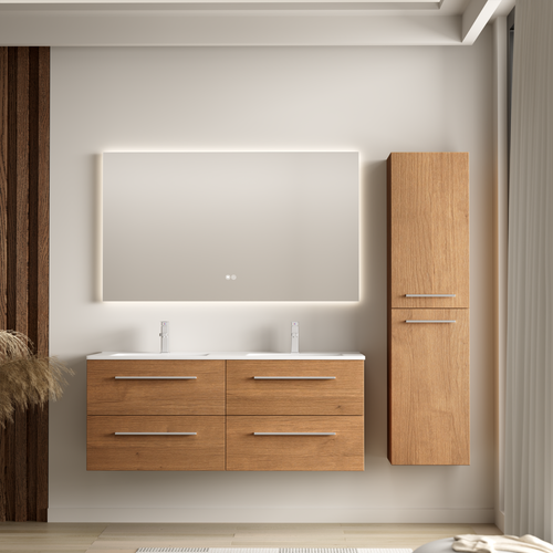 LOMAZOO badmeubelset Navero - met hoge kast & witte wastafel - warm eiken - 120 cm