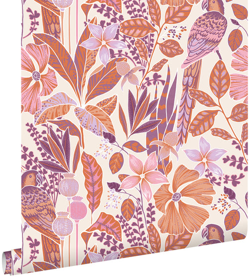 ESTAhome behang tropische bloemen en paradijsvogels oranje en paars - 50 x 900 cm - 131155 - vtwonen shop