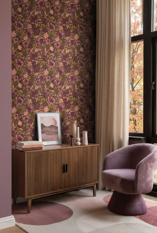 ESTAhome behang bloemen vergrijsd groen en paars - 50 x 900 cm - 132200