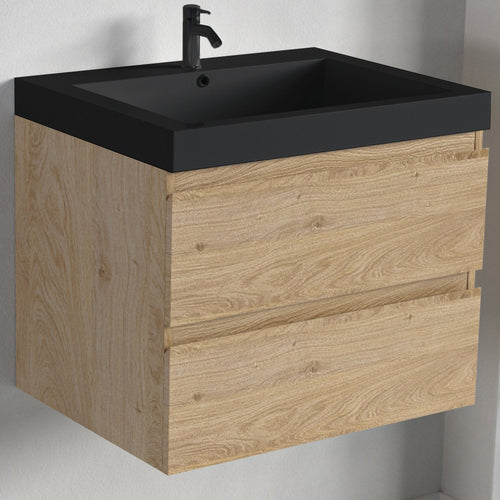 LOMAZOO badmeubelset Avalon - met hoge kast & zwarte wastafel - licht eiken - 60 cm