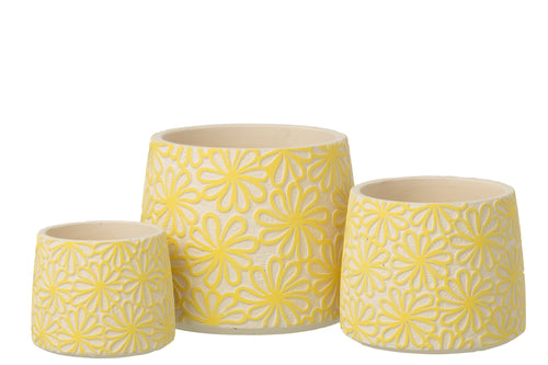 J-Line bloempot Rond Bloemen - cement - geel - large