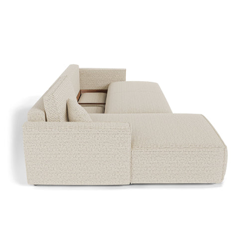 Premium Interiors - Linkshoekbank met slaapfunctie en opbergruimte  - stof met tweed-effect crème 197cm