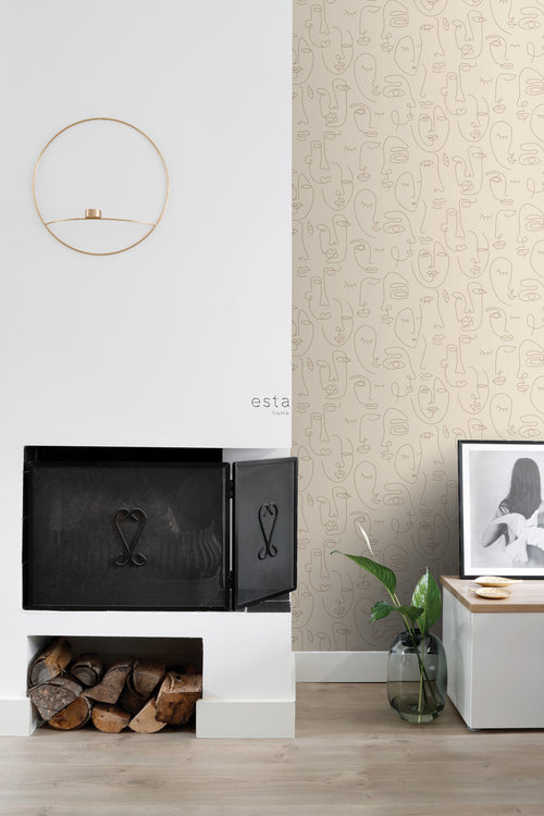 ESTAhome behang line art gezichten lichtbeige - 50 x 900 cm - 139374