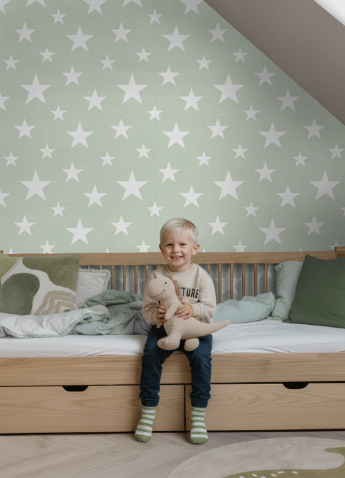 ESTAhome behang grote en kleine sterren mintgroen en wit - 53 cm x 10.05 m - 128865