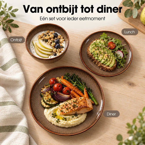 Mica Decorations Nusa Set Bruin 12-delig - Serviesset met Warme Uitstraling - Borden en Soepkommen van Steengoed voor Dagelijks Gebruik - Afmeting 28