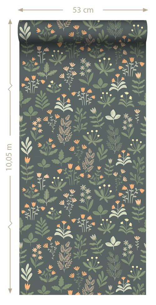 ESTAhome behang veldbloemen vergrijsd groen en oranje - 50 x 900 cm - 131098 - vtwonen shop
