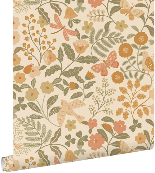 ESTAhome behang bloemen en vogels oranje en vergrijsd groen - 53 cm x 10.05 m - 131393 - vtwonen shop
