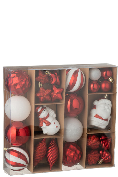 J-Line kerstbal - kunststof - kerstrood/wit - doos van 28
