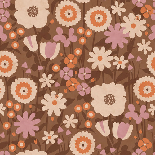 ESTAhome behang retro bloemen bruin, oranje en lila paars - 50 x 900 cm - 132158