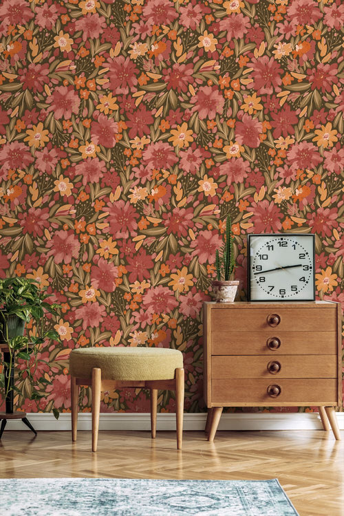 ESTAhome behang bloemen groen, rood en oranje - 50 x 900 cm - 132197