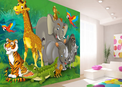 Sanders & Sanders fotobehang jungle dieren groen, grijs en geel - 375 x 270 cm - 600535
