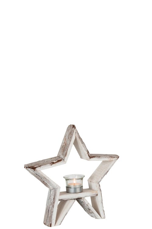 J-Line theelichthouder Ster - hout - bruin/wit