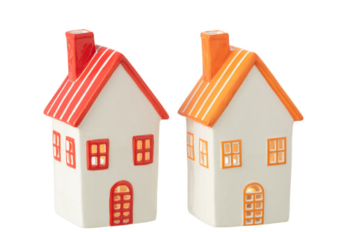 J-Line theelichthouder Huis Dolomiet - keramiek - oranje/rood - 2 st.