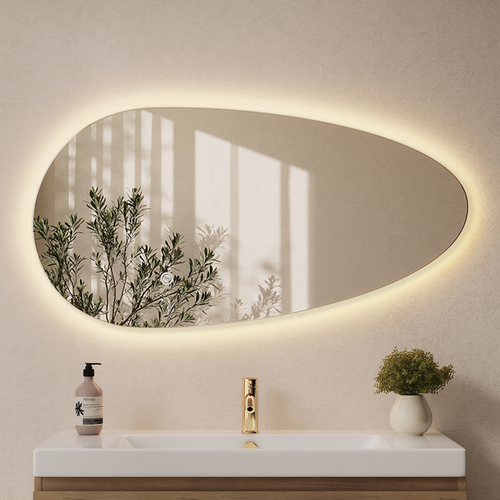LOMAZOO badkamerspiegel Adana - organisch - met LED verlichting & spiegelverwarming - asymmetrisch - 100 x 50.8 cm