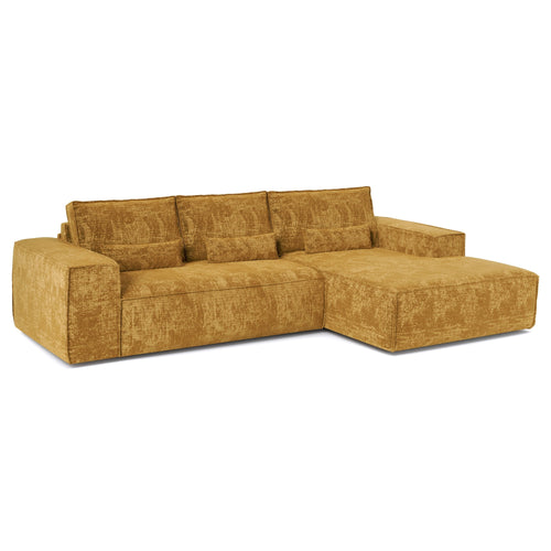 Premium Interiors - Rechthoekige hoekbank met snelle slaapfunctie JUNE - gewaafd fluweel mosterd 320cm